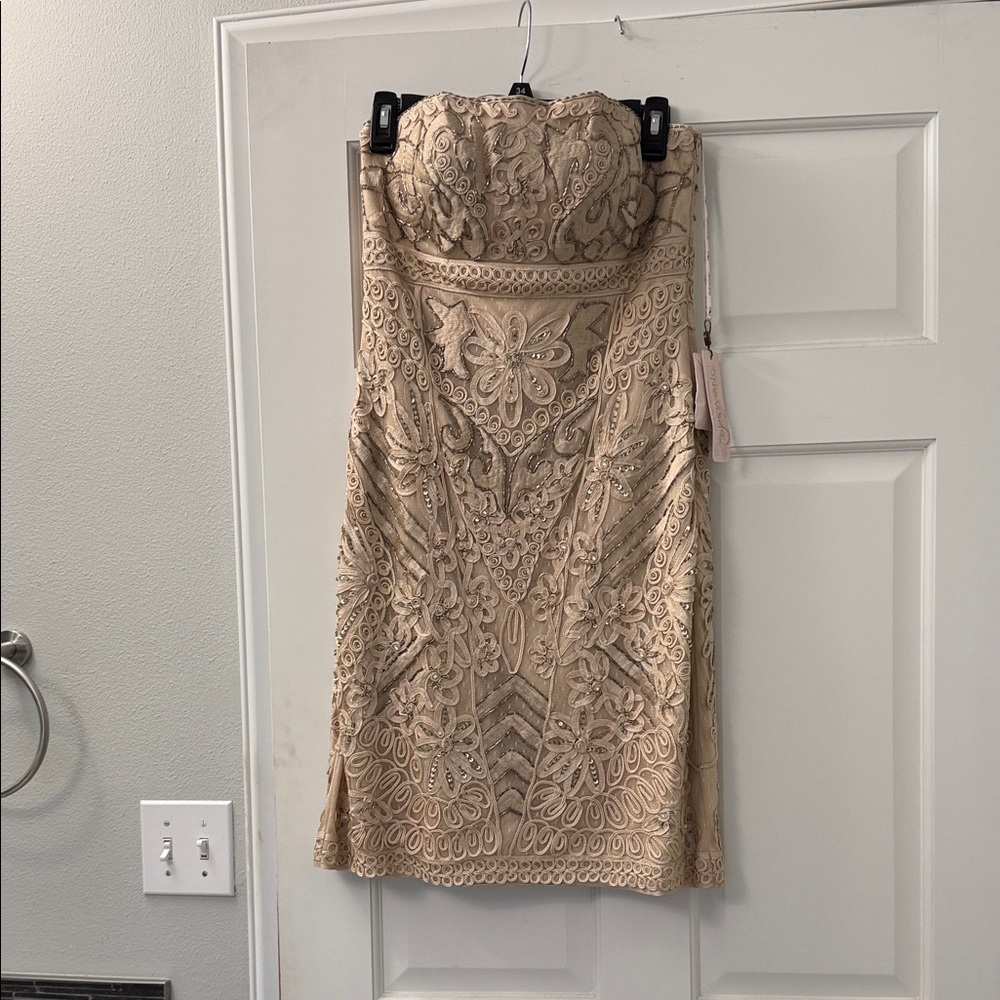 Sue Wong Strapless Dress in Beige Lace